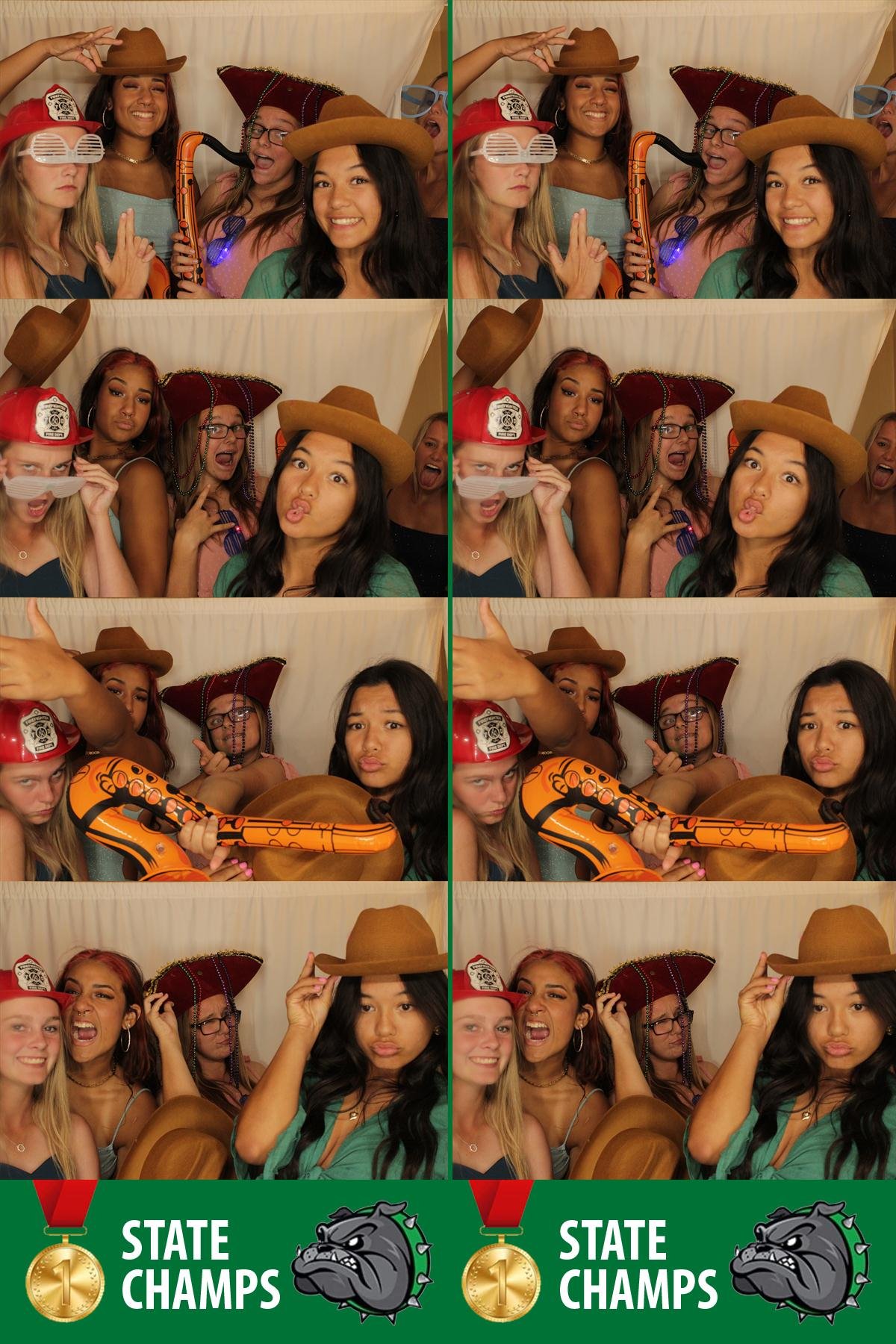 Photo strip showing a group of graduates posing with hats and inflatable props