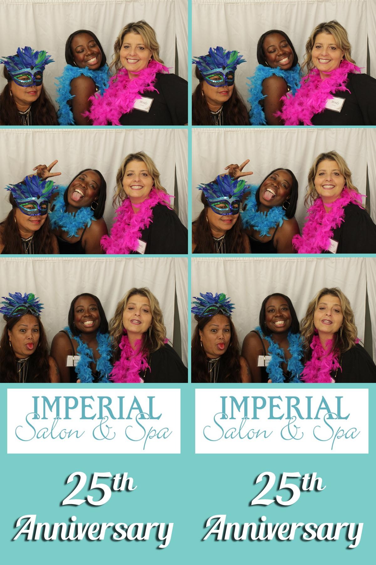 Complete anniversary photo strip showing three guests posing with colorful props